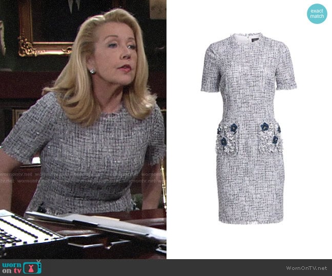 Teri Jon by Rickie Freeman Tweed Beaded Appliqué Sheath Dress worn by Nikki Reed Newman (Melody Thomas-Scott) on The Young and the Restless