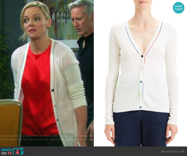 Theory Embroidered V-Neck Wool Cardigan worn by Belle Brady (Martha Madison) on Days of our Lives