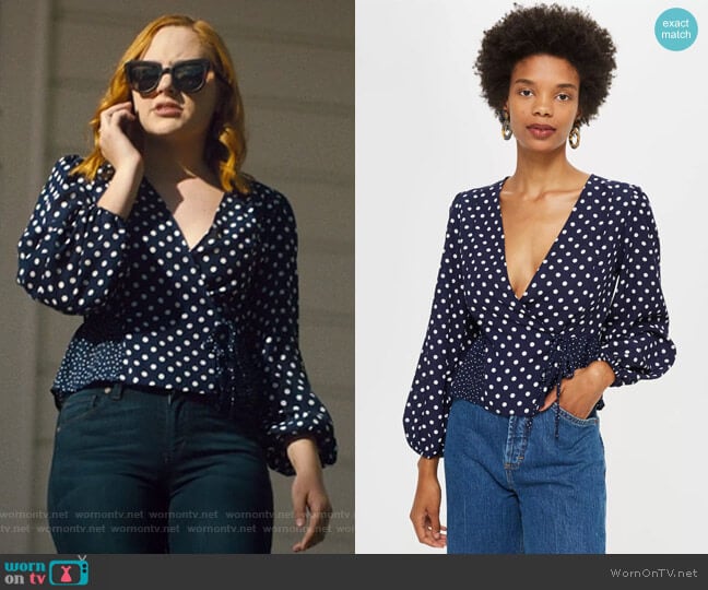 Mix Polka Dot Wrap Blouse by Topshop worn by Violet Simmons (Haley Ramm) on Light as a Feather