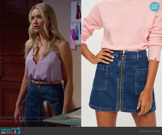 Topshop Patch Pocket A-Line Denim Miniskirt worn by Flo Fulton (Katrina Bowden) on The Bold and the Beautiful