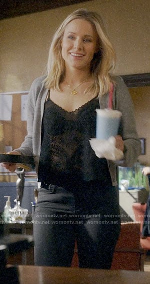 Veronica’s black embroidered cami and grey twisted back cardigan on Veronica Mars