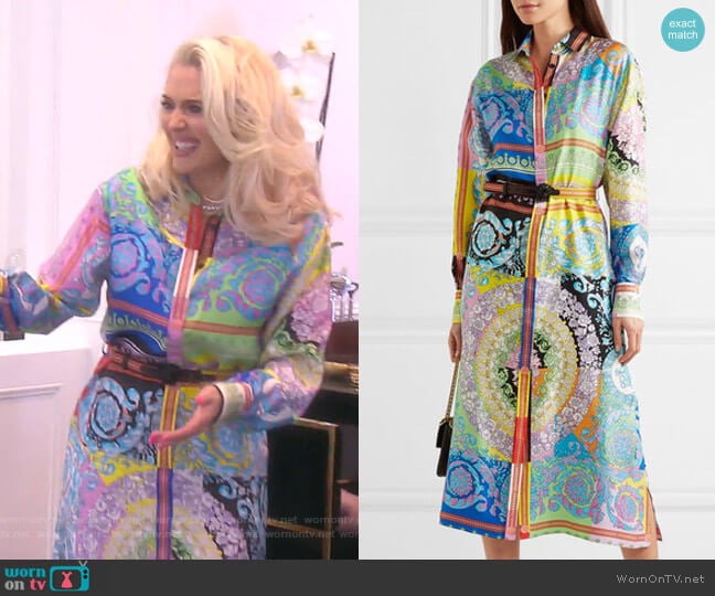 Printed Silk-Twill Midi Dress by Versace worn by Erika Jayne on The Real Housewives of Beverly Hills