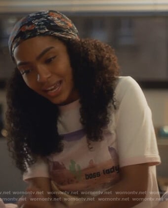 Zoey’s white boss lady tee on Grown-ish