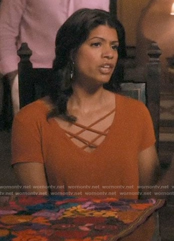 Xiomara’s orange strappy front tee on Jane the Virgin