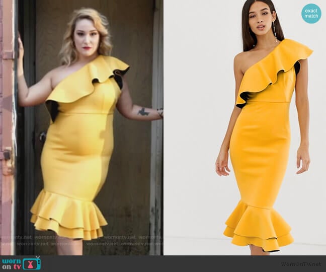 Structured Ruffle One Shoulder Bodycon Dress by ASOS worn by Emma Hunton on Good Trouble worn by Davia (Emma Hunton) on Good Trouble