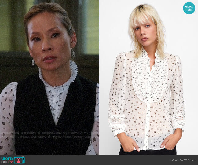 Zara Ruffled Pleated Top worn by Joan Watson (Lucy Liu) on Elementary