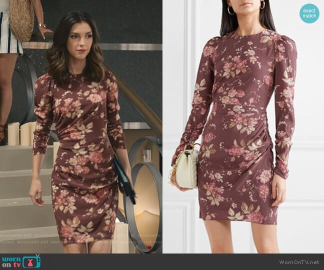 Draped Floral-Print Mini Dress by Zimmermann worn by Alicia Mendoza (Denyse Tontz) on Grand Hotel