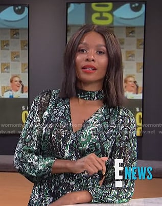 Zuri’s green printed choker neck dress on E! News