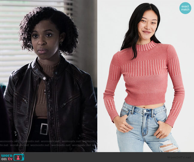 Ribbed Mock Neck Pullover Sweater by American Eagle worn by Ani (Grace Saif) on 13 Reasons Why