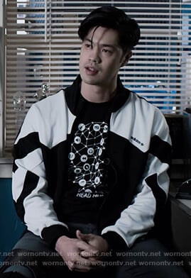 Zach's Adidas jacket and black printed tee on 13 Reasons Why