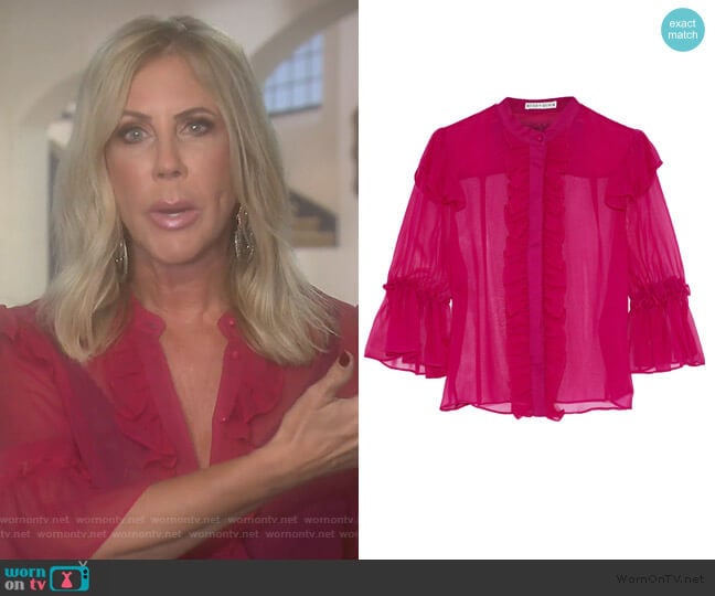 Odele ruffle-trimmed silk-chiffon blouse by Alice + Olivia worn by Vicki Gunvalson on The Real Housewives of Orange County