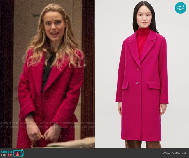 COS Coat with Oversized Lapels worn by Ainsley Howard (Rebecca Rittenhouse) on Four Weddings and a Funeral