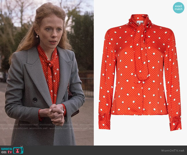 Ghost Piper Mickey and Minnie Spot Satin Blouse worn by Gemma (Zoe Boyle) on Four Weddings and a Funeral