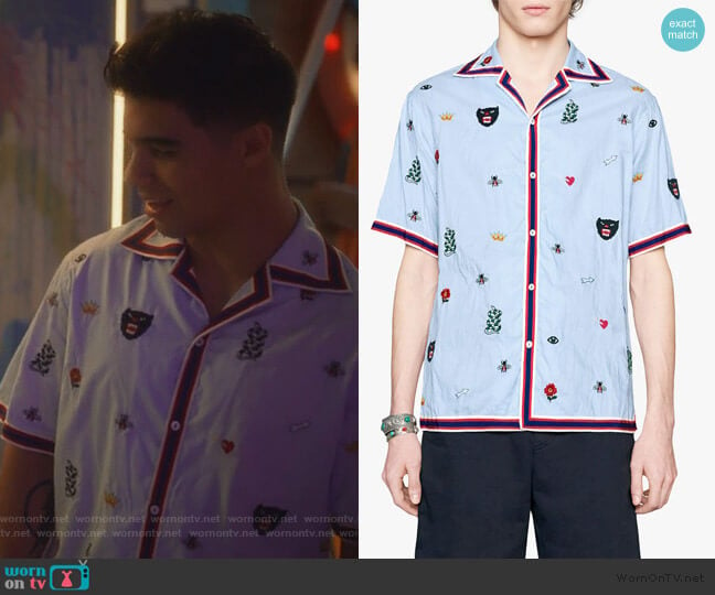 Embroidered cotton bowling shirt by Gucci worn by Vivek Shah (Jordan Buhat) on Grown-ish