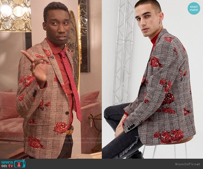 Heart & Dagger Skinny Blazer in Rose Check Print worn by Tony (Nathan Stewart-Jarrett) on Four Weddings and a Funeral