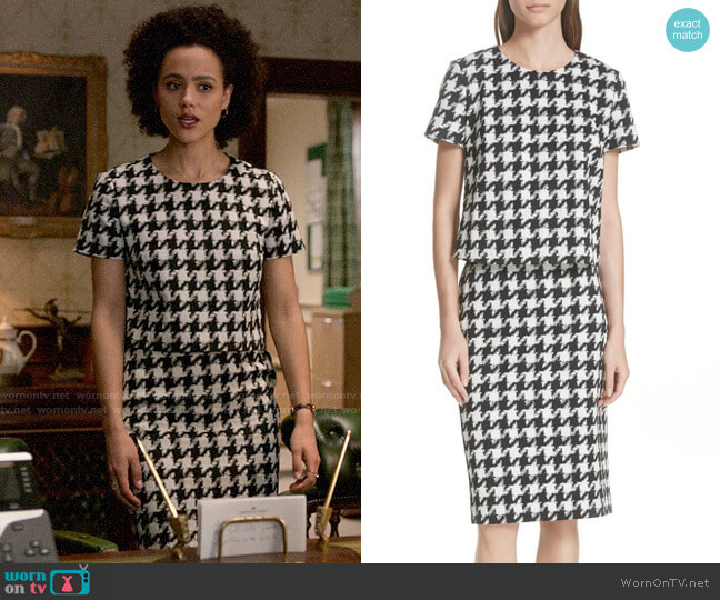 Hugo Boss Clady Houndstooth Top and Riami Skirt worn by Maya (Nathalie Emmanuel) on Four Weddings and a Funeral