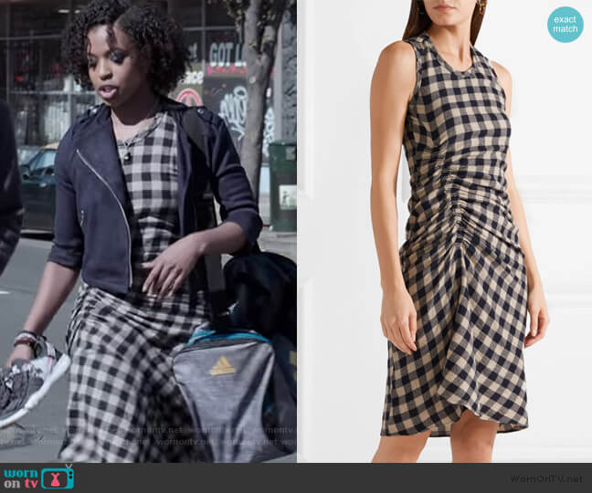 Ruched checked wool and linen-blend dress by James Perse worn by Ani (Grace Saif) on 13 Reasons Why