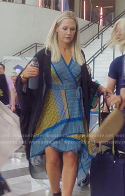 Jennie's blue and yellow printed wrap dress on BH90210