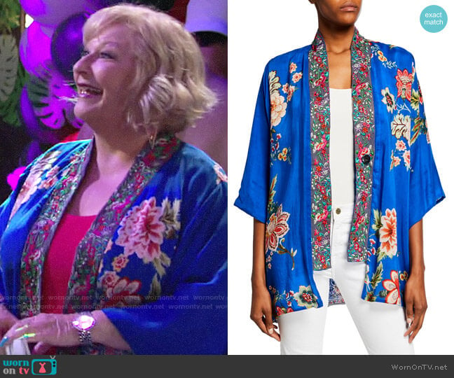 Johnny Was Bonian Floral Georgette Kimono w/ Embroidered Trim worn by Traci Abbott (Beth Maitland) on The Young and the Restless