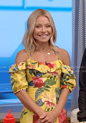 Kelly's yellow floral off-shoulder dress on Live with Kelly and Ryan