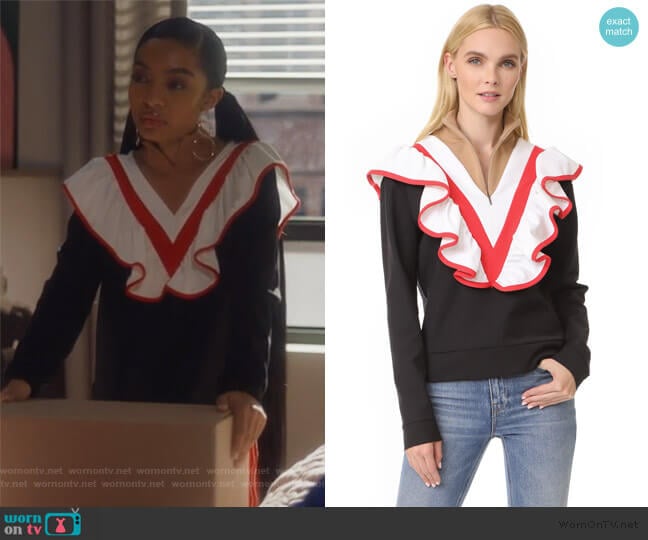 Half Zip Ruffle Pullover by MSGM worn by Zoey Johnson (Yara Shahidi) on Grown-ish