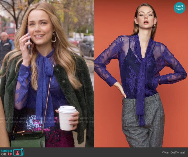 Maje Cilette Lavalier Shirt in Lace worn by Ainsley Howard (Rebecca Rittenhouse) on Four Weddings and a Funeral