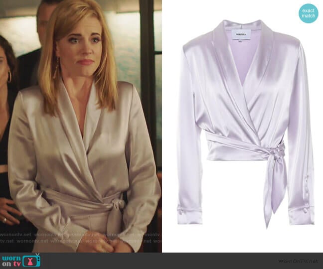 Salome Satin Top by Nanushka worn by Kelly Anne Van Awken (Molly Burnett) on Queen of the South