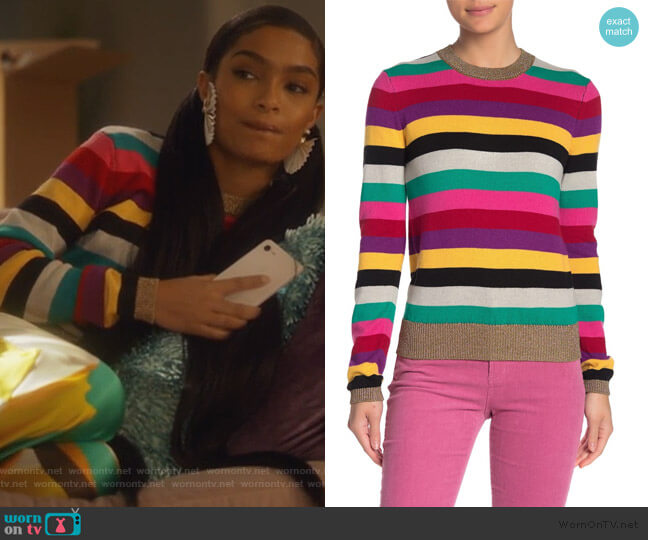 Stripe Metallic Trim Sweater by Pam & Gela worn by Zoey Johnson (Yara Shahidi) on Grown-ish