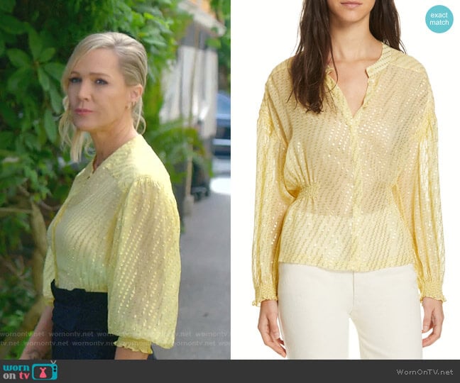 Holmvi Metallic Blouse by Rodebjer worn by Jennie Garth (Jennie Garth) on BH90210