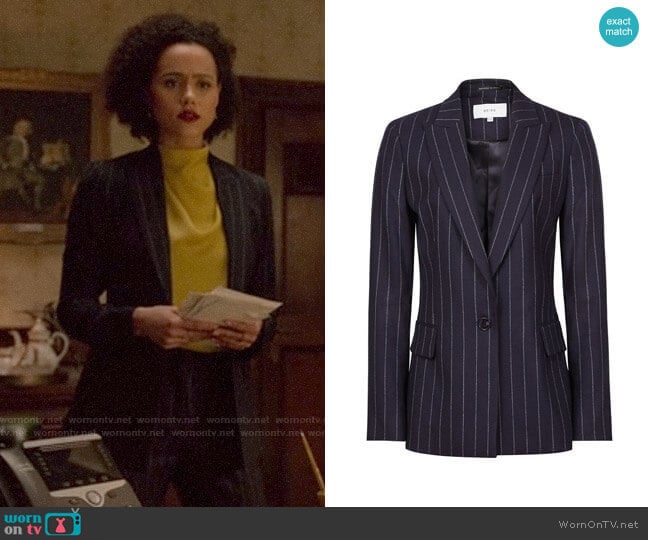 Reiss Piper Pinstripe Suit worn by Maya (Nathalie Emmanuel) on Four Weddings and a Funeral