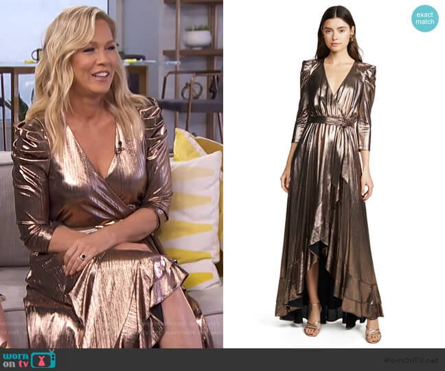 WornOnTV: Jennie Garth’s metallic wrap dress on E! News Daily Pop ...