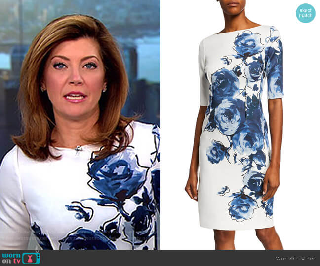 Floral Scuba Cocktail Dress by Rickie Freeman for Teri Jon worn by Norah O'Donnell on CBS Mornings