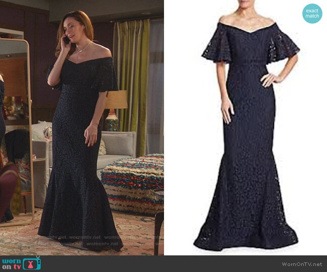 Off-the-Shoulder Lace Mermaid Gown by Rickie Freeman for Teri Jon worn by Abigail Pershing (Sarah Power) on Good Witch