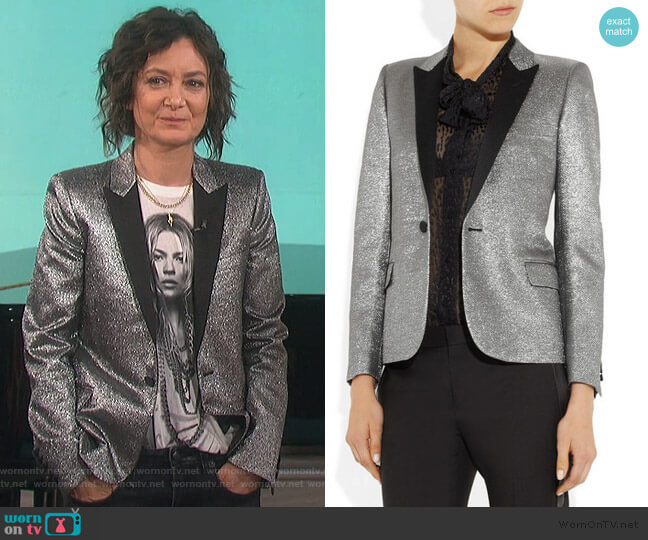 Metallic jacquard tuxedo jacket by Saint Laurent worn by Sara Gilbert on The Talk