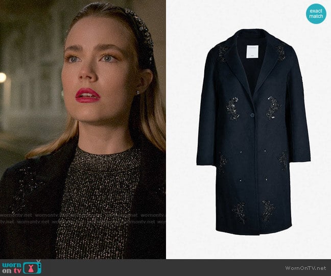 Sandro Lumiere Embellished Coat worn by Ainsley Howard (Rebecca Rittenhouse) on Four Weddings and a Funeral