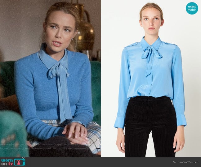 Sandro Silk Shirt with Bow Collar worn by Ainsley Howard (Rebecca Rittenhouse) on Four Weddings and a Funeral