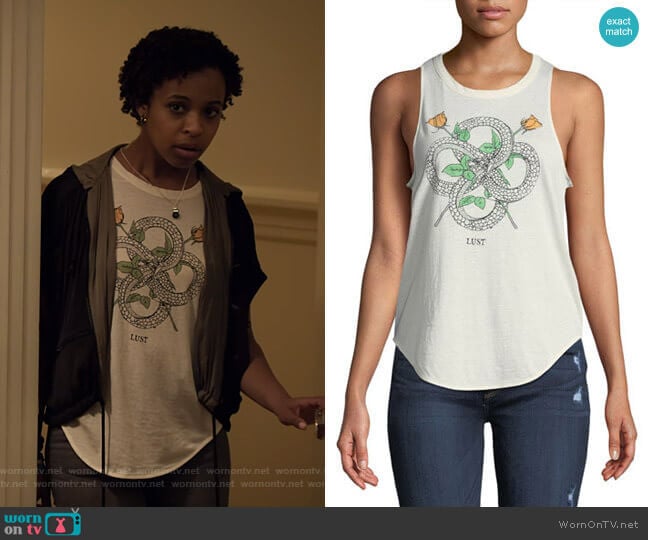 Snakes & Roses Lust Graphic Tank by Chaser worn by Ani (Grace Saif) on 13 Reasons Why