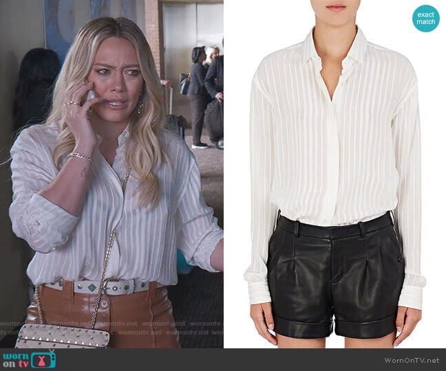 Striped Silk-Blend Georgette Blouse by Saint Laurent worn by Kelsey Peters (Hilary Duff) on Younger