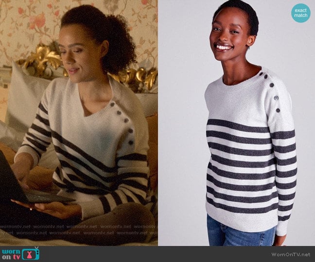 The White Company Button Shoulder Breton Stripe Sweater worn by Maya (Nathalie Emmanuel) on Four Weddings and a Funeral