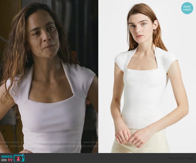 Merino Wool-Silk Knit Short-Sleeve Tee by Theory worn by Teresa Mendoza (Alice Braga) on Queen of the South