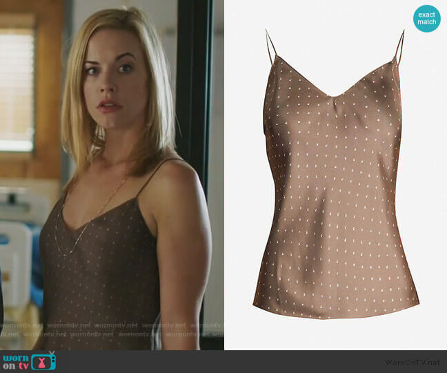 Polka-dot sleeveless silk top by Theory worn by Kelly Anne Van Awken (Molly Burnett) on Queen of the South