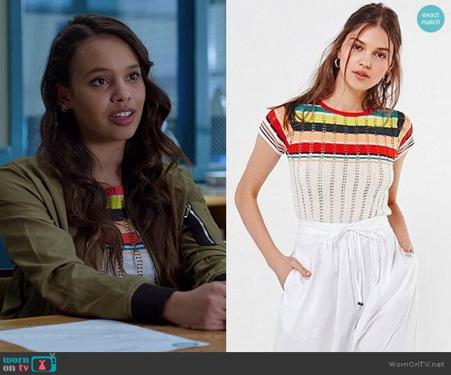 Angele Striped Pointelle Sweater Tee by Urban Outfitters worn by Jessica Davis (Alisha Boe) on 13 Reasons Why