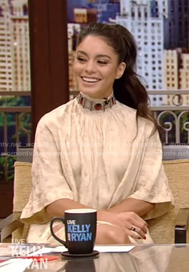 Vanessa Hudgens’s beige floral embellished dress on Live with Kelly and Ryan