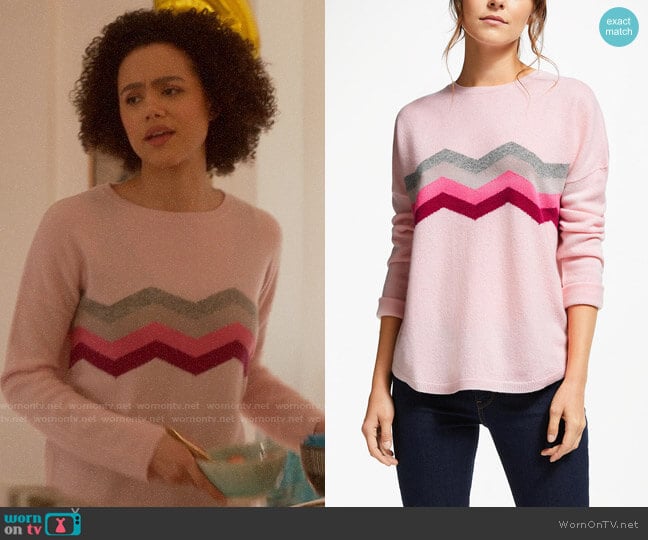 Wyse London Celine Zig Zag Cashmere Jumper worn by Maya (Nathalie Emmanuel) on Four Weddings and a Funeral