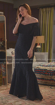 Abigail's navy off-shoulder lace gown on Good Witch