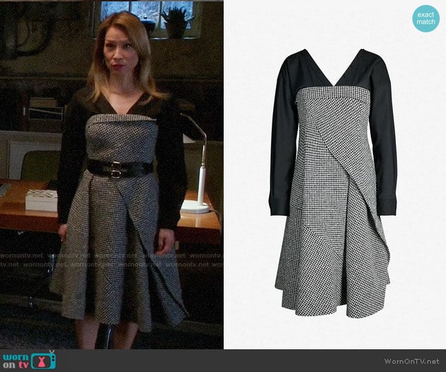 Adeam Houndstooth V-neck Wool-blend Tweed Boucle Dress worn by Joan Watson (Lucy Liu) on Elementary