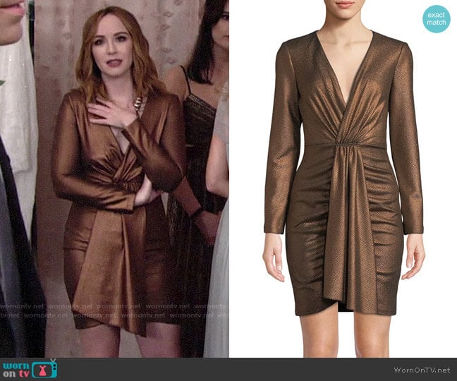 Aidan Mattox V-Neck Long-Sleeve Foiled Knit Mini Dress worn by Mariah Copeland (Camryn Grimes) on The Young and the Restless