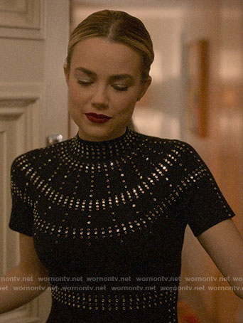 Ainsley’s black embellished short sleeve dress on Four Weddings and a Funeral