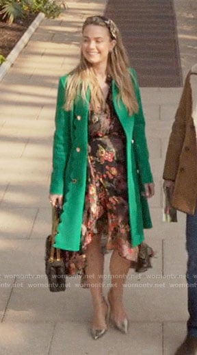 Ainsley's green scalloped trim coat on Four Weddings and a Funeral
