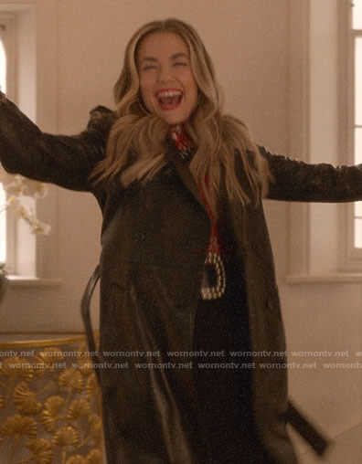 Ainsley’s leather trench coat and red printed blouse on Four Weddings and a Funeral